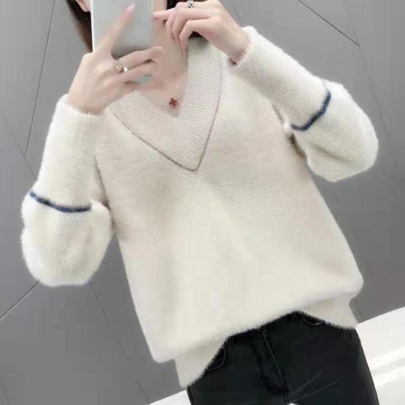 Autumn and Winter Mohair Sweater Loose Casual V-neck Tops Fashion Knitted Women's Bottoming Shirt