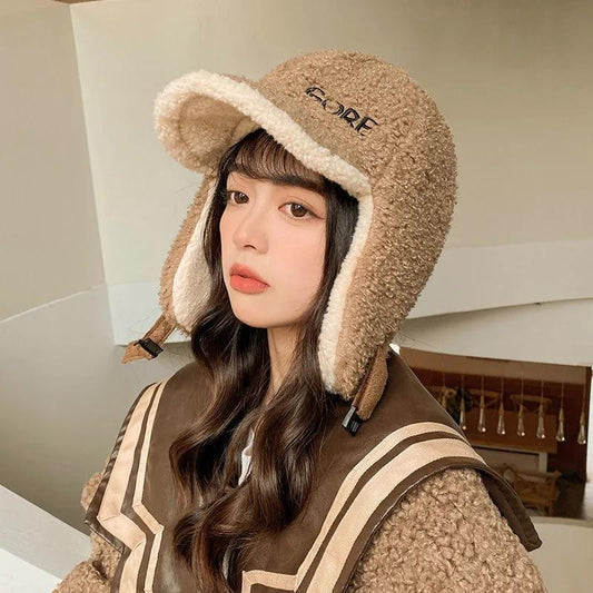 Women's Autumn and Winter Thickened Lamb Woolen Cap Korean Style Cute Cycling Cold Proof Warm Windproof Earmuff Head Hat Letter Embroidery Cap