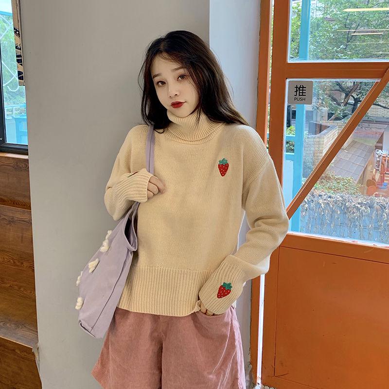 Autumn and Winter Fashion Loose Jacket Strawberry Embroidery Turtleneck Top Sweet Style Cute Female Sweater