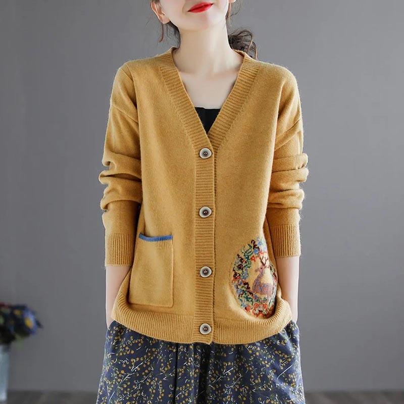 Vintage Cardigan Short Ladies Sweater Spring Loose Jacquard Knit Long Sleeve Jacket