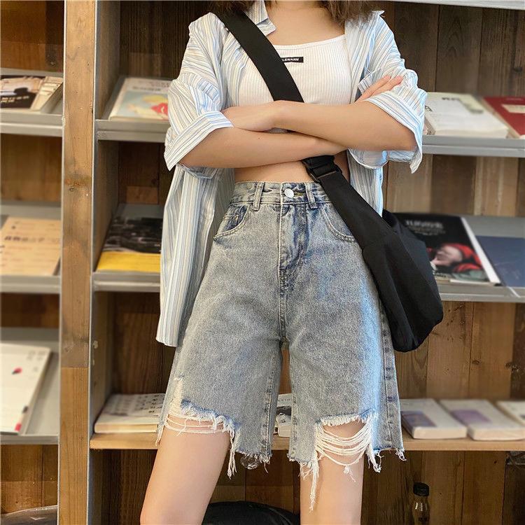 WTEMPO Women Jeans Ripped Denim Shorts Skirt Elastic Waist Loose Wide Leg A-line Office Club Casual Party Dates