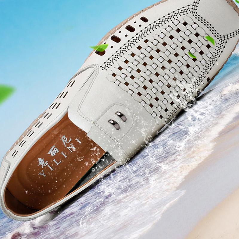 Leather Cowhide Hollow Leather Shoes Men's Summer Casual Shoes Breathable Soft Sole Outdoor Hole Shoes Men's Sandals