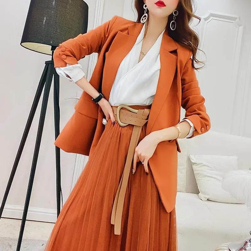 2PCS Women's Autumn High-end Two-piece Suit Jacket + Gauze Skirt Suit Jacket A-line Skirt Casual Work Clothing Ladies Elegant Sets