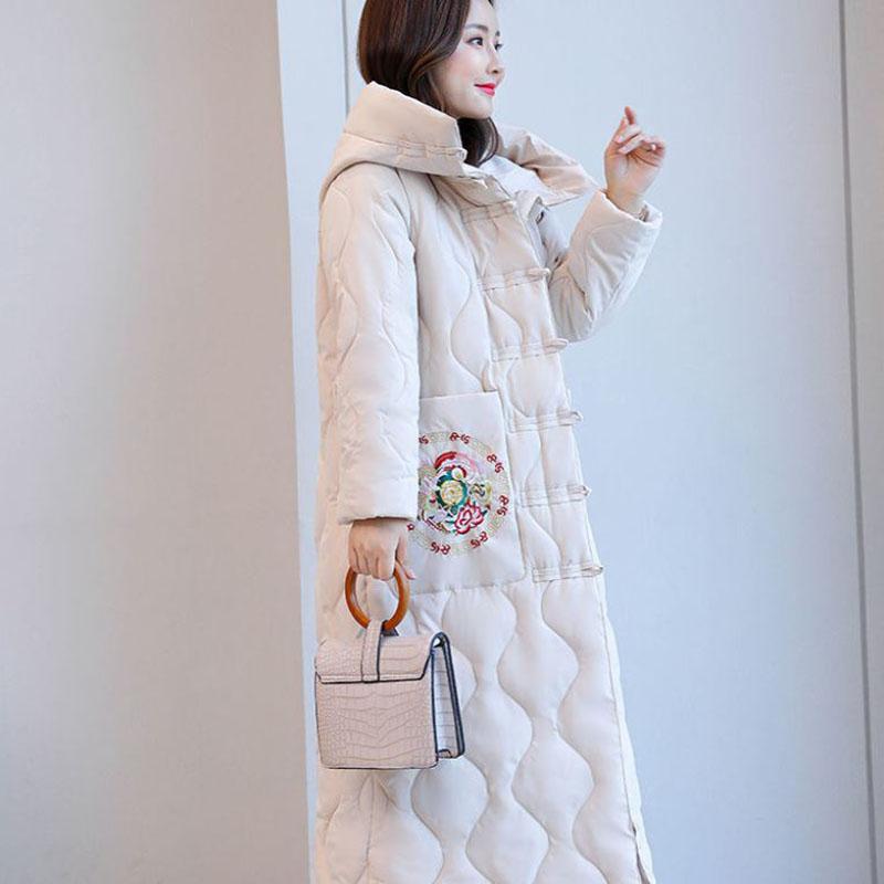 Winter Women's Down Jacket Retro Embroidery Long Cotton Jacket Thick Warmth Folk Style Over-the-knee Windbreaker Jacket