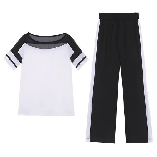 Two-piece Suit Women's Short-sleeved T-shirt Wide-leg Pants Two-piece Loose Casual Suit Fabric Lightweight Breathable Temperament Fan Two-piece Suit