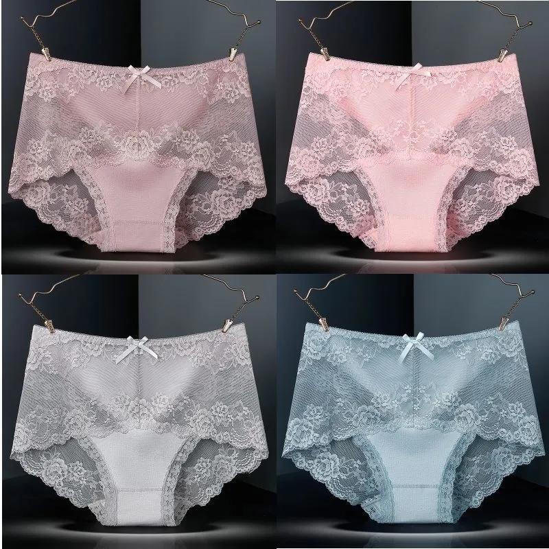 4Pcs/Set High Waist Solid Color Seamless Lace Underpants Women's Spring Summer All-match Large Size Causal Soft Briefs