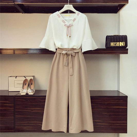 Suit Chiffon Shirt Casual Women's Wear Wide Loose Wide-leg Pants Two-piece Shirt Loose Cover Meat Thin Casual Suit Plus Size Women's Clothing