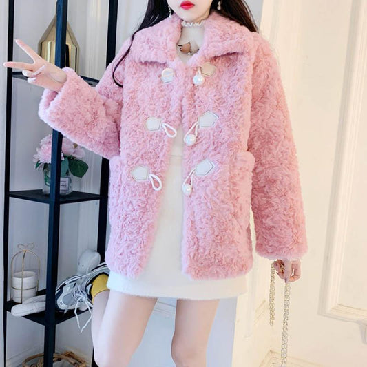 Winter Model Rabbit Plush Coat Female Korean Version Loose Horn Buckle Lamb Hair Western Style Faux Fur Coat