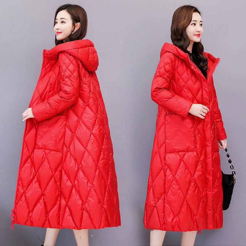 Winter Hooded Down Padded Jacket Women's Mid-length Over The Knee Winter Rhombus Red Cotton Padded Jacket Warm Jacket Loose Ladies Coat