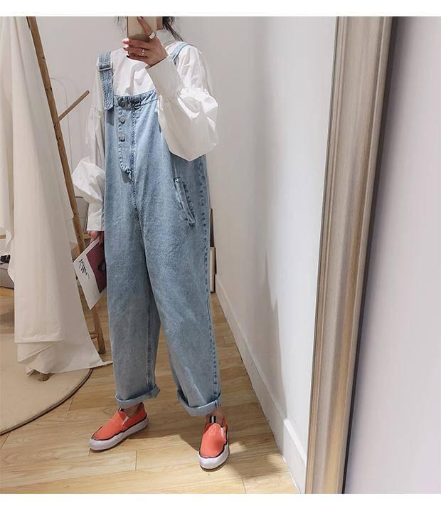 WTEMPO Loose Retro Denim Overalls Women's Slimming High-rise Straight-leg Cropped Pants High-rise Jeans