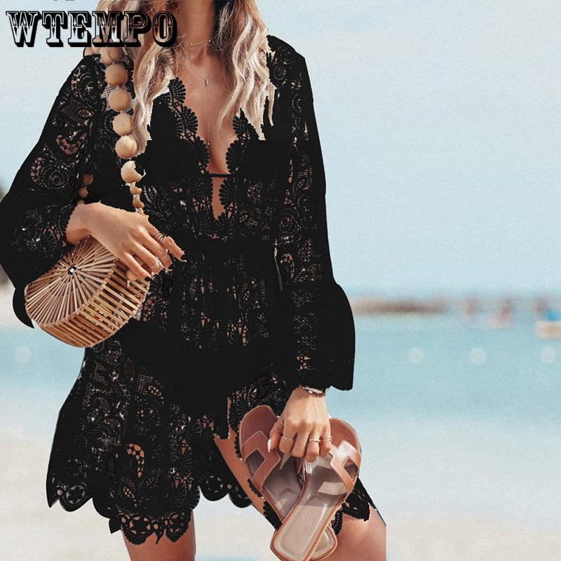 Women Summer Hollow Out Beach Coat Deep V-Neck Lace Dresses Bikini Blouse Sun Protection Clothing