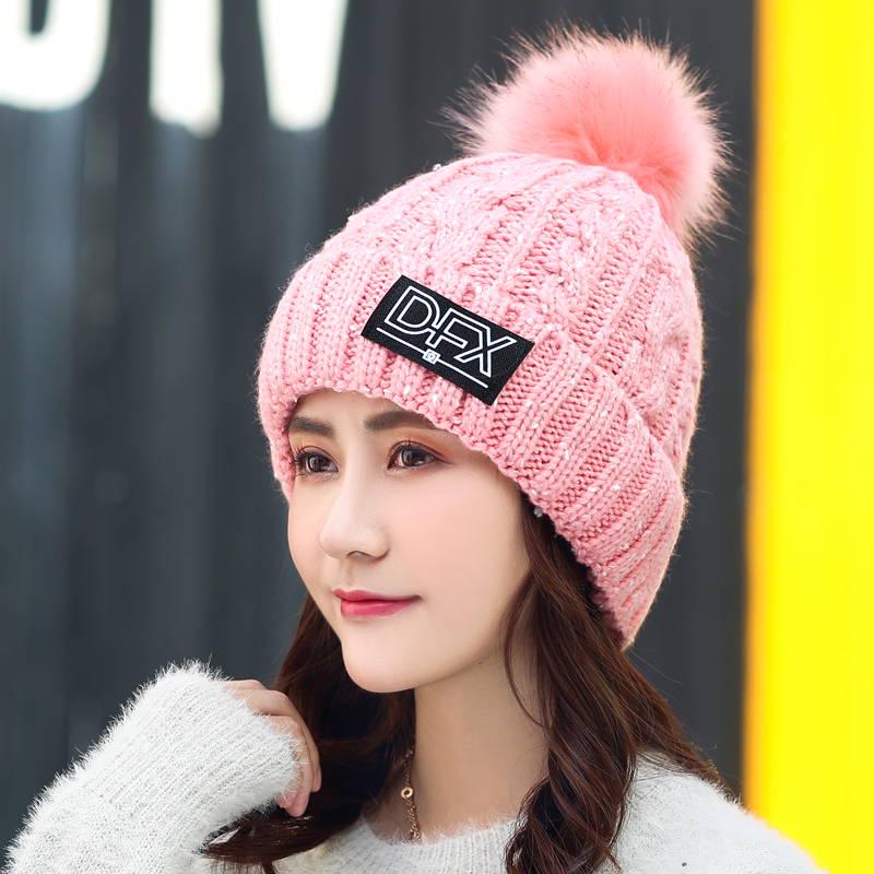 Women's Winter Hat Fur PomPoms Ball Knitted Hats Scarf Hat Set Winter Women Beanie Hat Skullies Cap