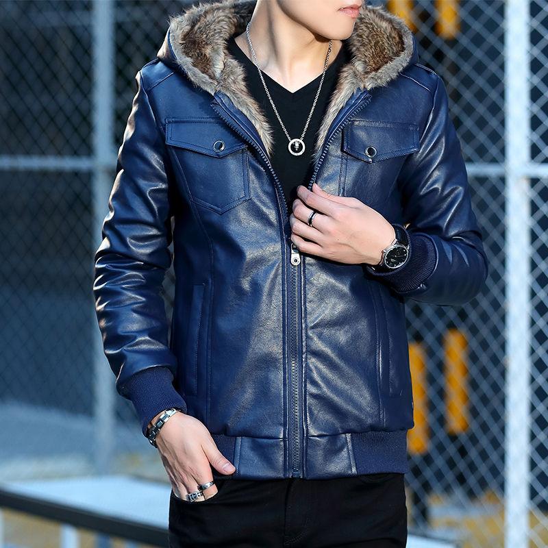 Men's Leather Jacket Winter Plus Velvet Thickening Korean Style Trendy Handsome Slim Men's Leather Jacket