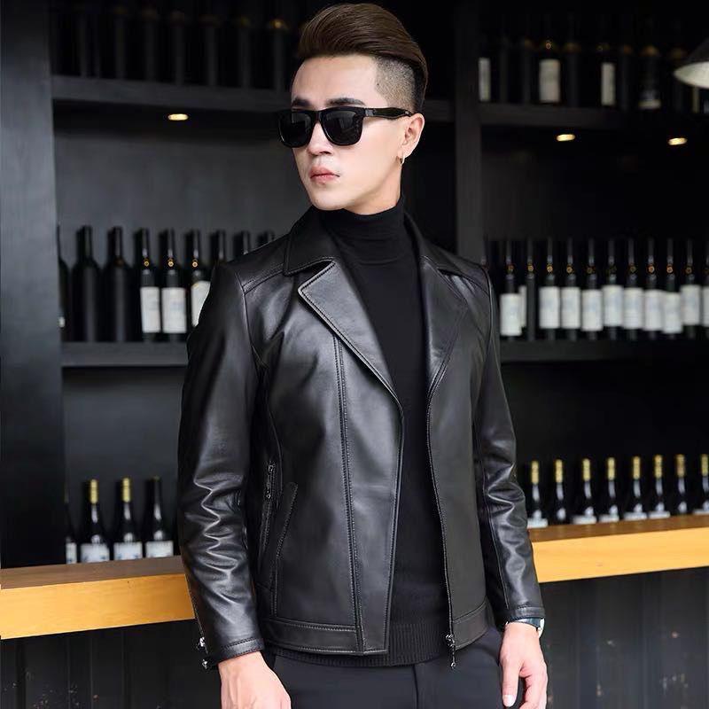 Genuine Leather Men's Leather Winter Motorcycle Jacket Top Layer Leather Short Fashion Slim Youth Leather Jacket