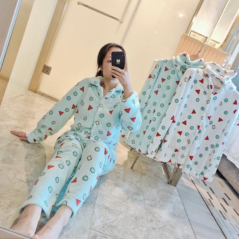 Flannel Cartoon Cute Pajamas Suit Women Winter Coral Fleece Homewear Autumn Thickening Sleepwear Set Geometry Winter Warm Nightwear Top and Pant Sets