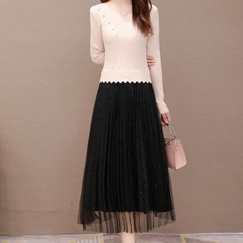 Knitted Women's Dress Fashion Korean Style Wild Mid-length Mesh Stitching Base Skirt