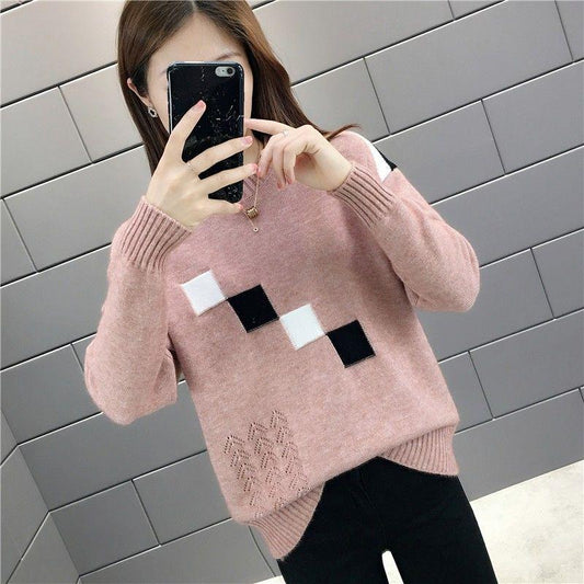 Autumn Winter Women Sweaters and Pullovers Plaid Thick Knitted Sweater Female Loose Pull Femme