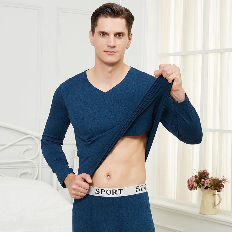 Men Winter Autumn Thermal Underwear Male Tight Suit Thicken Windproof Comfortable Soft Lining Long Sleeve High Elasticity Slim Seamless V-neck Clothes