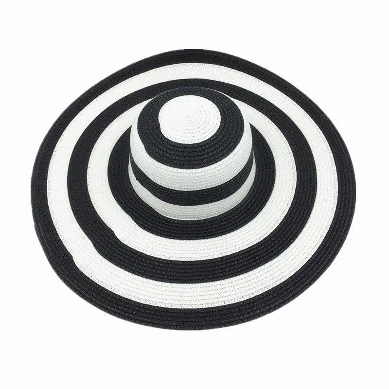 Outdoor Black and White Striped Beach Hat Large Brim Sun Hat Women Elegant Sun Cap Visor Protective Hat Temperament Beach Hat Casual Straw Hat