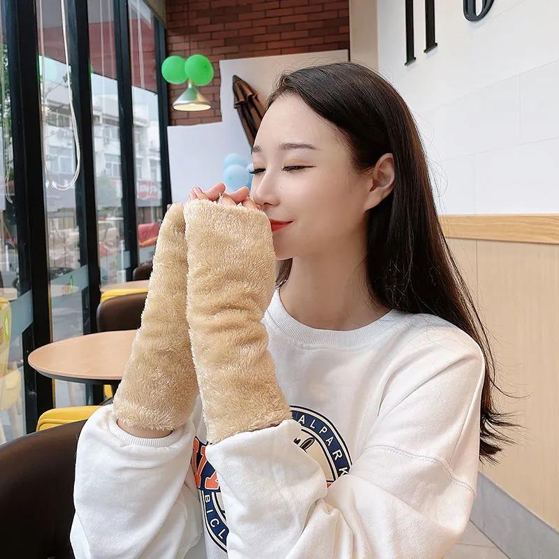 Women's Winter Plush Gloves Cute Fingerless Wristband Korean Thickening Warm Typing Arm Wrap Half Finger Mittens Hand Wrist Warm Thermal Gloves