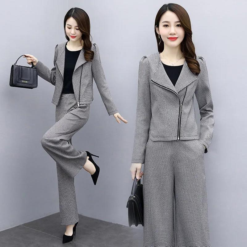 Set Autumn Plaid Trousers Fashion Casual Temperament Houndstooth Short Coat Two-piece Suit Women