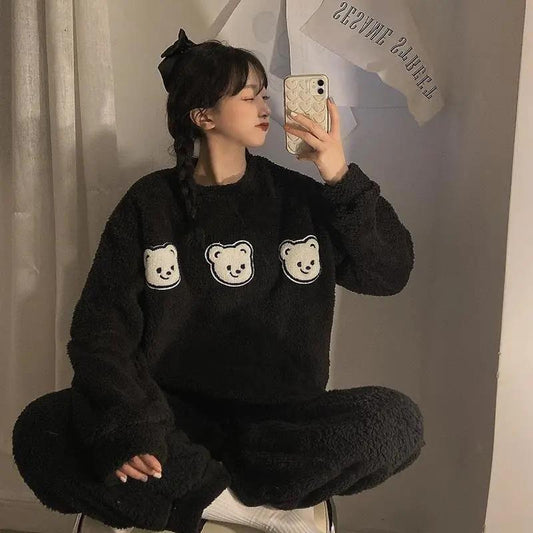 Women's Cute Cartoon Bear Coral Fleece Pajamas Set Thickened Warm Soft Flannel Outer Wear Home Wear Set Loose Pullover Pants Set