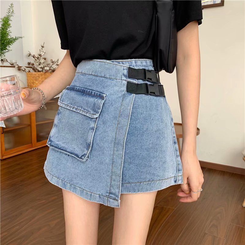 WTEMPO Big Pocket Irregular High Waist Denim Shorts Women Loose Wide Leg A-line Casual Shorts