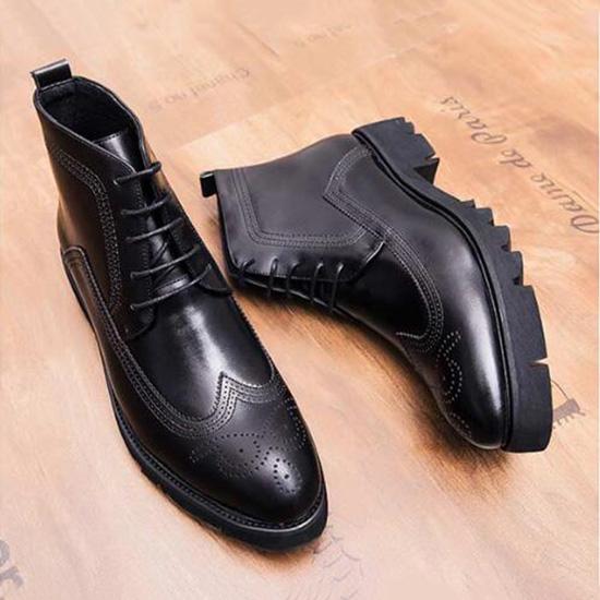 Autumn and Winter Brock Carved Pointed Toe Martin Boots Men's Leather Shoes Men's High-top Shoes