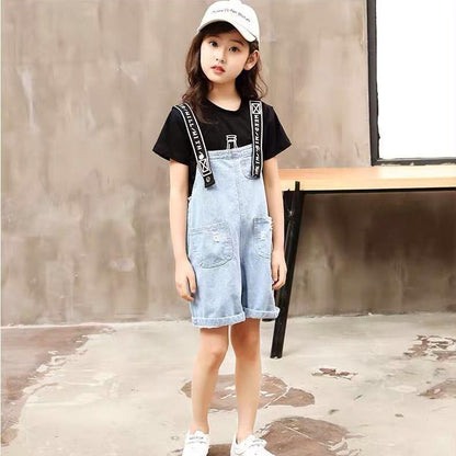 2PCS Children Clothing Set Spring Summer Girls Suits Denim Skirt Solid Color Printing Short Sleeve Strap Skirt Suit Clothing Set