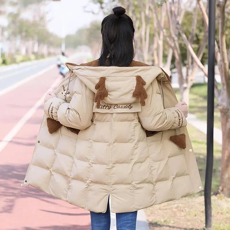 Girls' Cotton Jacket Mid-length Korean Thick Winter Hooded Padded Jacket Windproof and Warm Top