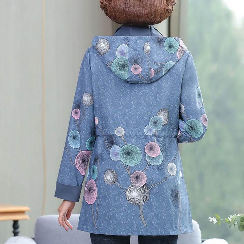 Autumn Mother Wear Jacket Middle-aged and Elderly Fashion Printing Detachable Hooded Mid-length Windbreaker Women