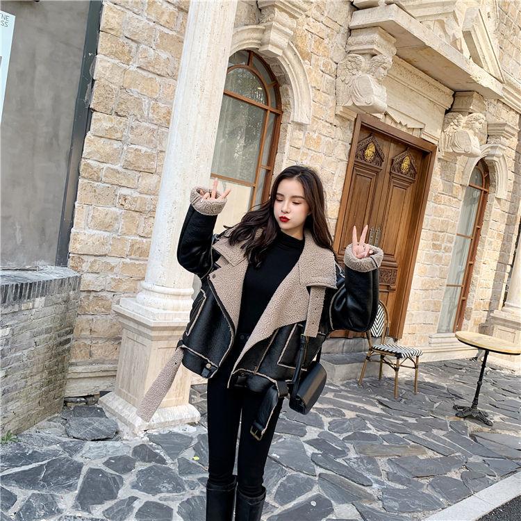 Winter Fashion Cool Plus Cotton Women's Warm Lamb Wool Short Coat Thicked Motorcycle Leather Coat Big Lapel Jacket Girl Winter Clothes Parka Coat