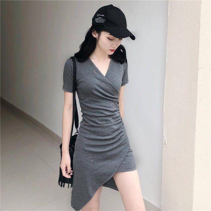 Pofulove Women Sexy Skinny Dress V-neck Bag Hip Short Sleeve Dress Over The Knee Irregular Dresses