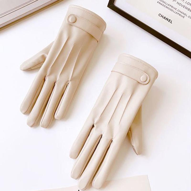 Women's Leather Gloves Winter Plus Velvet Thick Gloves Korean Imitation Sheepskin Pattern Touch Screen Gloves