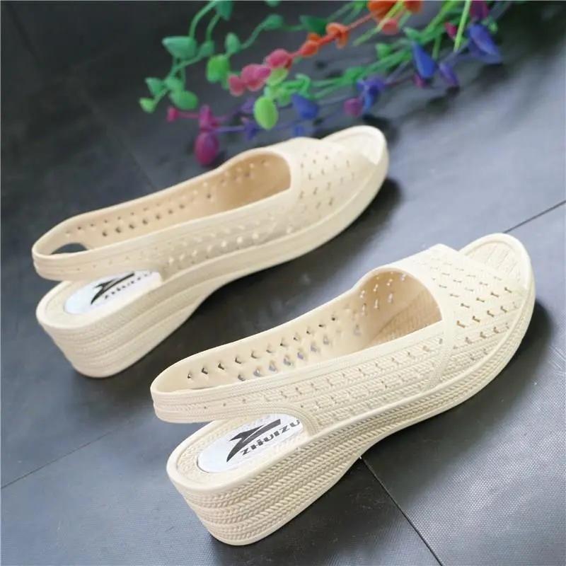 Women's Summer Hole Shoes Wedge Heel Casual Fish Mouth Sandals Soft Bottom Non-slip Beach White Nurse Shoes