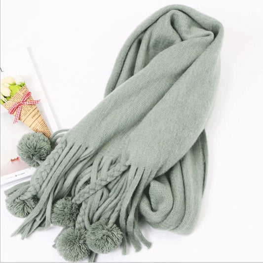 Women's Pashmina Shawls Winter Warm Wrap Cashmere Scarf Thick Fur Ball Tassel Scarf Women