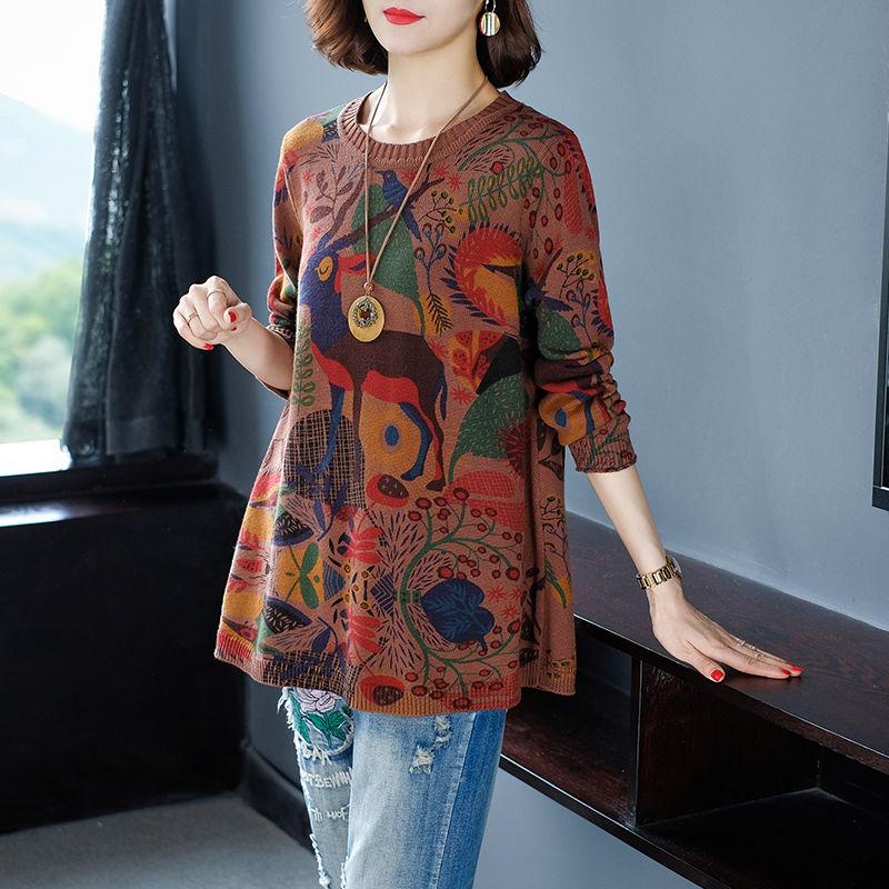 Bohemian Printed Sweater Female Soft Pullover Sweater Loose O-neck Jumper Knit Outwear