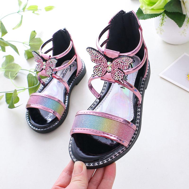 Girls Sandals Summer Korean Princess Sandals Rhinestone Roman Sandals Non-slip Soft Bottom Big Kids