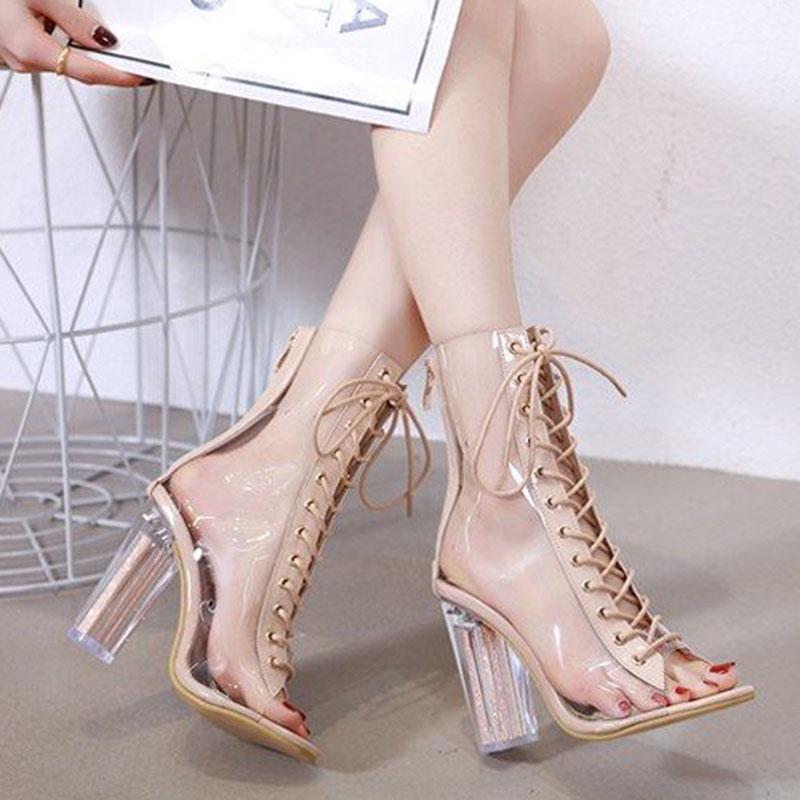 Women's Lace Up  Sandals Sexy pu Leather Transparent Sandals High Heel  Block Heel Sandals