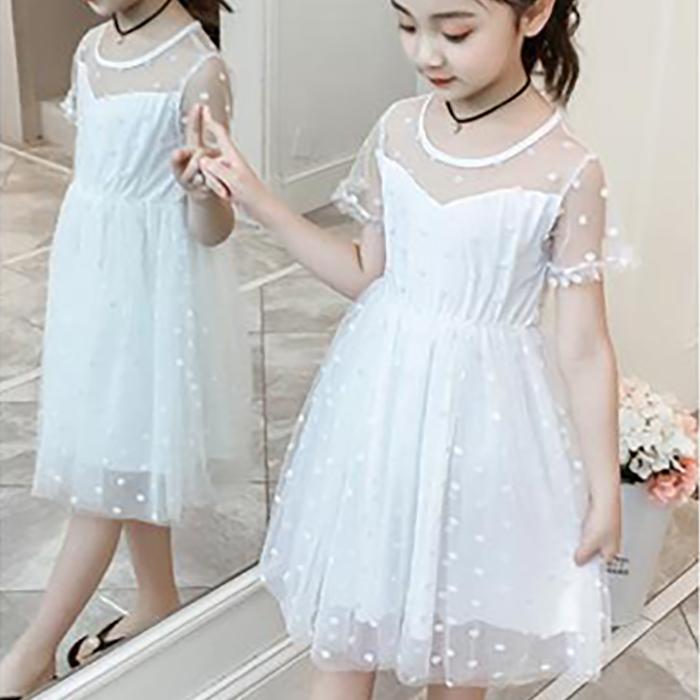 Children Dress Spring Summer O-neck Kids Clothing Baby Girls Clothing Wave Point Short Sleeve Dress Girl Ruffle Veil