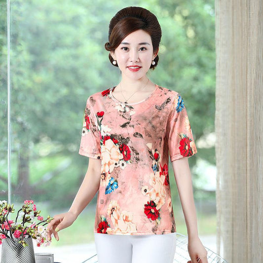 Ice Silk Fabric Printing Large Size Casual Women's Summer Short-sleeved Tops Women's Summer Loose Cover Belly Was Thin