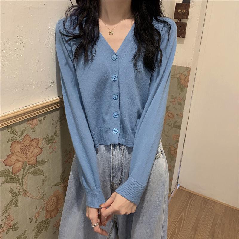 Spring and Autumn Style V-neck Cardigan Jacket Long Sleeve Thin Slim Sweater Short Sleeve Sweater Women Trendy