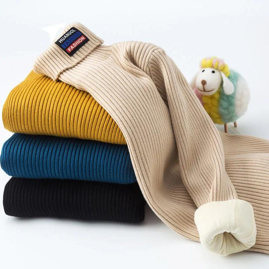 4T-15T Pure Color Winter Boy Girl Kid Thick Knitted Bottoming Turtleneck Shirts Solid High Collar Pullover Sweater