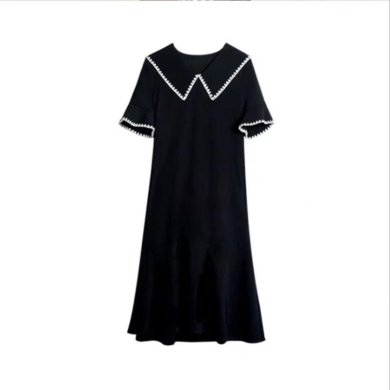 Women's Spring and Summer Simple French Elegant Retro Large Slim Black Long Dress