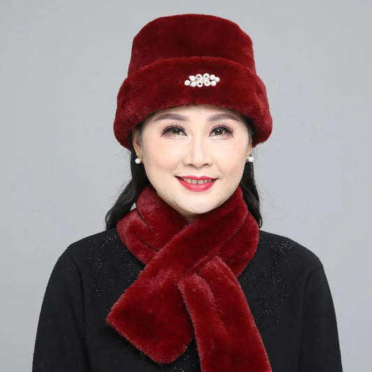 Women's Scarf Hat Set Winter Warm Windproof Mother Grandma Hat Solid Soft Rex Rabbit Fur Blend Top Hat Scarfs Set Rhinestone Pearl Decoration Caps