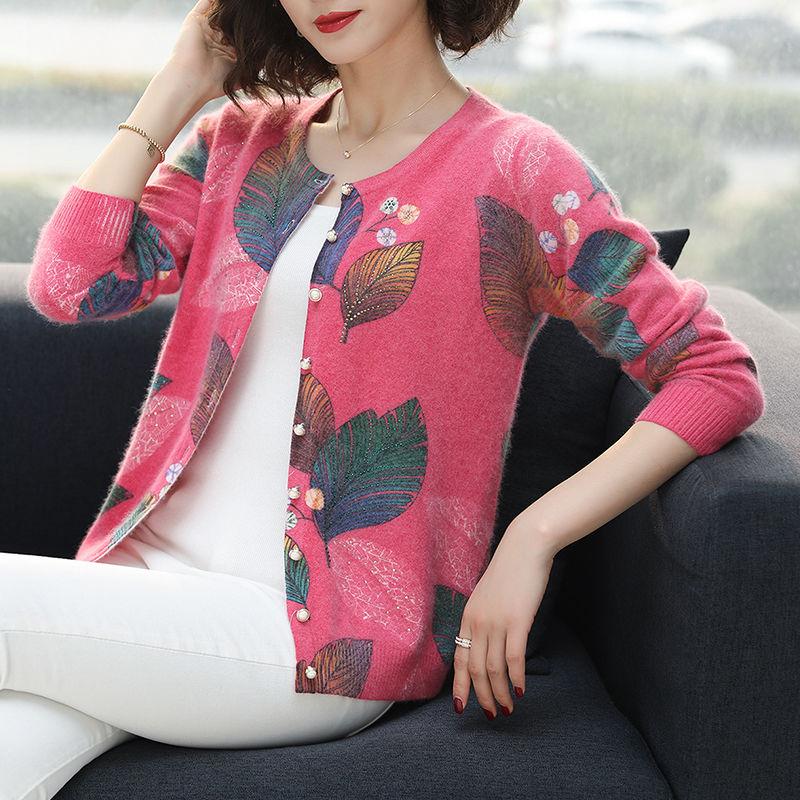 Vintage Print Knitted Cardigan Short Woollen Sweater Women Rhinestone Loose Simple Wool Cardigan Outwear