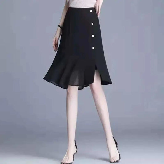 Woman Skirts Summer Casual A-line Skirt Elastic High Waist Loose Knee-length Skirts Female Chiffon Button Black Skirt