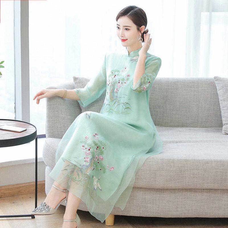 Chiffon  Cheongsam M-XXXXL Plus Size Chinese Style Summer Dress Knee-length Printed Over-the-knee Skirt