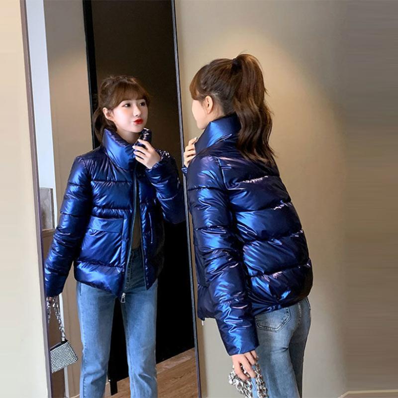 Women's Shiny Short Down Jacket Winter Korean Style Loose Quilted Jacket Casual Stand-collar Padded Jacket