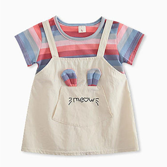 Children Dress Spring Summer O-neck Kids Clothing  Baby Girls Clothing Printing Short Sleeve Fake Two Dress Girl